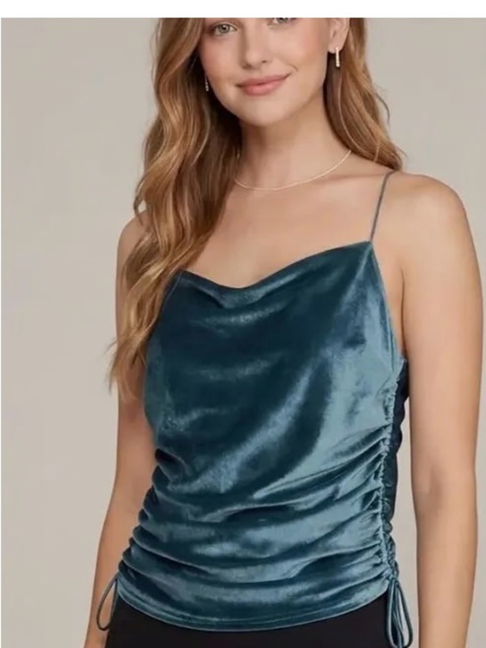 She + Sky Teal Satin Cowl Ruched Camisole